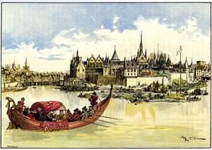Król Henryk III w łodzi kładzie pierwszy kamień pod budowę Pont Neuf nad Sekwaną w Paryżu, 31 maja autorstwa Albert Robida
