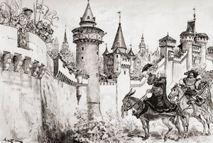 La Harangue Faite Par Ulric Gallet Picrochole lub przemowa wygłoszona przez Ulrica Galleta do Picrochole. autorstwa Albert Robida