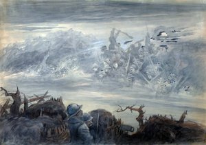 Le combat des ombres: poilus dans une tranchee wyobrażający sobie atak upiornych żołnierzy autorstwa Albert Robida