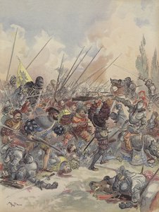 Król w Pawii spada z konia, ranny, walczy z otaczającą go chmurą napastników (kolor lito) autorstwa Albert Robida