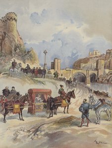Marguerite z Francji, która wybiera się z wizytą do brata, zostaje przyjęta w Pont de Toledo przez Karola V autorstwa Albert Robida