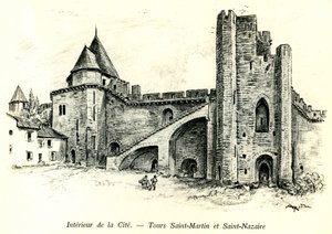 Medievale Cite de Carcassonne (Aude, Langwedocja, Pays Cathare) - Zwiedzanie Saint Martin (Saint Martin) i Saint Nazaire (Saint Nazaire) z domami zbudowanymi na wałach - romantyczna rycina Alberta Robidy (1848-1926) w książce opublikowanej na zacząć autorstwa Albert Robida