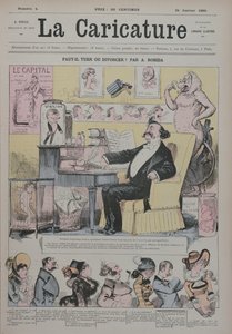Morderstwo lub rozwód, okładka „La Caricature” przedstawiająca Aleksandra Dumasa Filsa (1824-95) jako „eksperta” od dramatów małżeńskich, 1 stycznia 1880 autorstwa Albert Robida