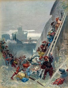 Siódma wojna włoska (1526-1529): Śmierć Karola III Burbona (1490-1527) podczas oblężenia Rzymu 6 maja 1527 r. Ilustracja autorstwa Albert Robida