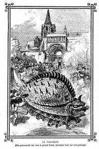 Tarasque Tarascona, bajeczny potwór folkloru Prowansji: ilustracja Alberta Robidy do podręcznika szkolnego „Wybór czytań” A Mironneau, Librairie Armand Colin 1911 - autorstwa Albert Robida