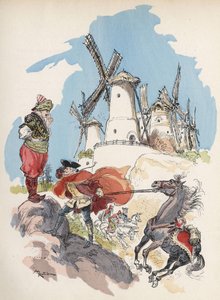 Baron de Munchausen, który właśnie przekroczył granicę Egiptu, zostaje złapany w burzę sprowokowaną przez wielką figurę, aby uruchomić 7 młynów. „”Ilustracja Alberta Robidy – w „”Historii i przygodach barona de Munchausena””(Munchhausen), H. Laurens Ed., p autorstwa Albert Robida