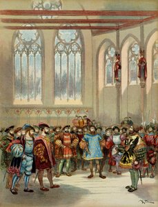 Heraut burgundzki, wysłany przez Karola V (1500-1558), został przyjęty przez Franciszka I (1494-1547) w wielkiej sali Parliamentarom w Paryżu w pierwszej połowie XVI wieku. Ilustracja autorstwa Albert Robida