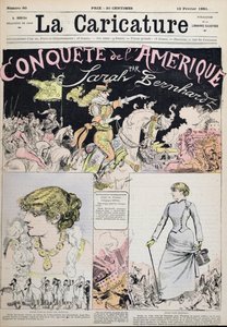 „Podbój Ameryki” Sarah Bernhardt, rysunek z magazynu „La Caricature” autorstwa Albert Robida