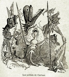 Armia Quaresmeprenanta. Żołnierze są przedstawiani jako ryby, z których niektóre mają tylko arety, w nawiązaniu do chudego (młodego) posiłku Careme. Ilustracja Alberta Robidy (1848-1926) do odcinka Czwartej Livre Francois Rabelais - Librairie Arm autorstwa Albert Robida