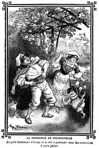 Narodziny Polichinelle. Rysunek Alberta Robidy (1848-1926) w księdze czytań dla dzieci 1920-1930. autorstwa Albert Robida