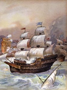 Flota Jeana Ango blokuje Tag i zagraża Lizbonie, ok. 1909 r. (Ilustracja) autorstwa Albert Robida