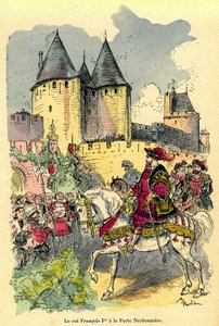 Król Francji Francois I przybywa na koniu przed Cite de Carcassonne, Porte Narbonnaise. Ilustracja: Albert Robida (1848-1926): okładka książki „Le tresor de Carcassonne”” pierwsze wydanie H. Laurens 1921. autorstwa Albert Robida