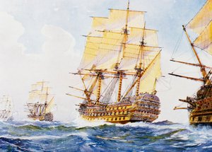 XVIII-wieczne statki w jednym szeregu, blisko siebie na prawym halsie, akwarela autorstwa Alberta Sebille