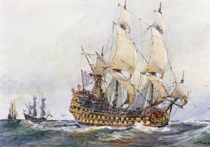 Francuski statek pierwszej klasy w czasach Colberta (XVII wiek), akwarela autorstwa Alberta Sebille