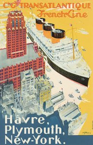 Plakat reklamujący trasę Hawr-Plymouth-Nowy Jork obsługiwaną przez przedsiębiorstwo żeglugowe Companie Generale Transatlantigue, znane jako "French Line" (litografia kolorowa)