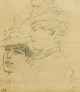 Głowa kobiety w zdobionym kapeluszu, profil i widok w trzech czwartych, ok. 1900 (ołówek na jasnobrązowym papierze) autorstwa Albert de Belleroche