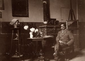 Rzeźbiarz Mario Pelagatti w swojej pracowni, Florencja, 20.11.1920 (zdjęcie czarno-białe) autorstwa Alberto Fierli