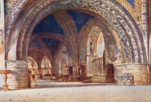 Dolny kościół S Francesco, Asyż (kolorowa litografia) autorstwa Alberto Pisa