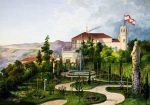 Zewnętrzna część z ogrodem, na południowy zachód od Villa Lazzarovic Triest rezydencja Maksymiliana Habsburga (1832-1867) autorstwa Alberto Prosdocini or Prosdocimi