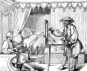 Drzeworyt przedstawiający artystę używającego pomocy rysunkowej w celu uzyskania prawidłowych proporcji portretu. Grawer Albrechta Dürera (1471-1528) niemieckiego malarza, grafika i teoretyka renesansu