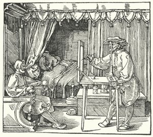 Sposób wykonania obrazu w skali poprzez zaznaczenie konturów przedmiotu na tafli szkła (grawerowanie) autorstwa Albrecht (after) Durer or Duerer
