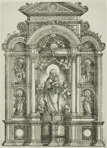 Ołtarz z Piękną Dziewicą z Ratyzbony i świętymi Krzysztofem, Marią Magdaleną, Florianem i Katarzyną stojącymi w niszach, z Bogiem Ojcem powyżej autorstwa Albrecht Altdorfer
