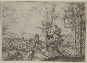 Krajobraz z dwiema sosnami, 1522-1525. autorstwa Albrecht Altdorfer