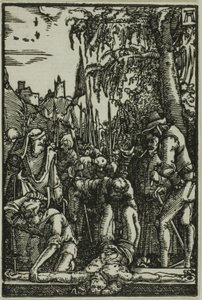 Przybicie do krzyża, z Upadku i odkupienia człowieka autorstwa Albrecht Altdorfer