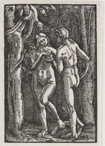 Upadek i odkupienie człowieka: Adam i Ewa jedzący zakazany owoc, c. 1513. autorstwa Albrecht Altdorfer