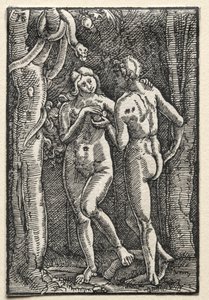 Upadek i odkupienie człowieka: Adam i Ewa jedzący zakazany owoc, c. 1515. autorstwa Albrecht Altdorfer