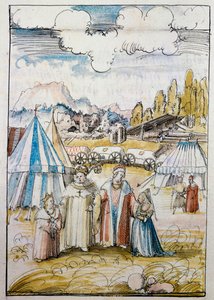 Przyszły cesarz Maksymilian I, prowadzony przez swojego ojca Fryderyka III, spotyka się ze swoją narzeczoną, Marią Burgundzką, w Neuss ... autorstwa Albrecht Altdorfer