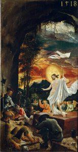 Zmartwychwstanie Chrystusa Trzyma krzyżyk, na końcu którego unosi się biała flaga (standard). Obraz Albrechta Altdorfera (ok. 1480-1538) 1518 wym. 70x37 cm Wiedeńskie Muzeum Historii Sztuki autorstwa Albrecht Altdorfer