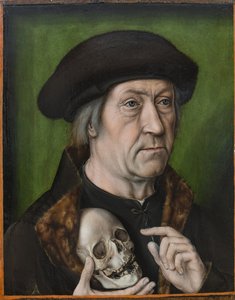 Autoportret avec un crane - Autoportret z czaszką, autorstwa Bouts, Aelbrecht (Albert) (1451/54-1549). Olej na drewnie, ok. 1520. Wymiar : 42,6x33 cm. Muzeul National Brukenthal, Sybin