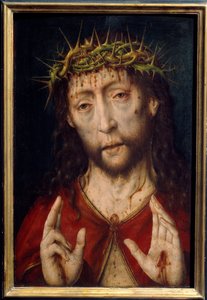 Chrystus bólu. Oblicze Chrystusa we krwi ranione koroną cierniową ze znamionami na dłoniach. Obraz Albrechta Boutsa (v.1455-1549) Ec. Hol.