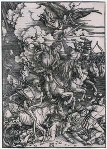 Jeźdźcy Apokalipsy, postać III, arkusz 5 z cyklu „Apokalipsa” autorstwa Albrecht Dürer