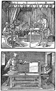 Aparatura do tłumaczenia obiektów trójwymiarowych na rysunki dwuwymiarowe, 1525, 1936 autorstwa Albrecht Dürer