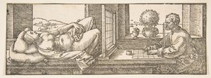 Rysownik tworzący rysunek perspektywiczny leżącej kobiety, ca. 1600. autorstwa Albrecht Dürer