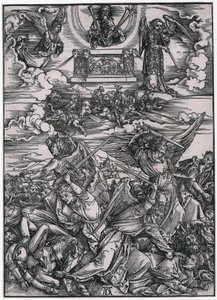 Walka aniołów, postać VII, arkusz 9 z cyklu „Apokalipsa” autorstwa Albrecht Dürer