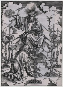 Jan dostrzega siedem świeczników, postać I, arkusz 3 z cyklu „Apokalipsa” autorstwa Albrecht Dürer