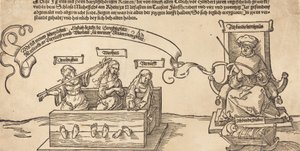 Sprawiedliwość, prawda i rozum w dybach z zasiadającym sędzią i śpiącą pobożnością, prawdopodobnie 1526. autorstwa Albrecht Dürer