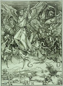 Apokalipsa (wydanie łacińskie): Święty Michał pokonujący smoka (Bartsch 72) autorstwa Albrecht Dürer