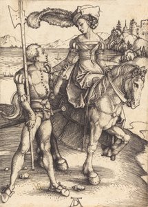 Dama na koniu i Lansquenet, ok. godz. 1497. autorstwa Albrecht Dürer