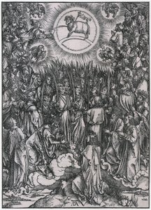 Hymn pochwalny wybranych w niebie / Adoracja Baranka, XII figura, arkusz 14 z cyklu „Apokalipsa” autorstwa Albrecht Dürer