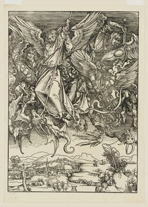 Michał i jego aniołowie walczą ze smokiem autorstwa Albrecht Dürer