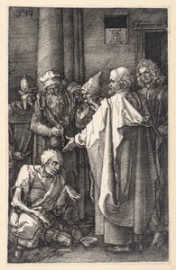 Piotr i Jan uzdrawiają chromego żebraka w świątyni (Pasja miedziorytnicza) autorstwa Albrecht Dürer