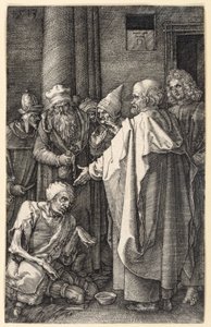 Piotr i Jan uzdrawiają chromego żebraka w świątyni (Pasja miedziorytnicza) autorstwa Albrecht Dürer