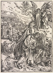 Objawienie św. Jana: Anioł z kluczem do bezdennej jamy autorstwa Albrecht Dürer
