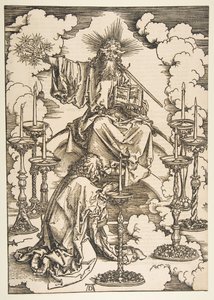 Święty Jan spoglądający na siedem złotych świeczników, z książki The Apocalypse.n.d. autorstwa Albrecht Dürer