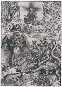 „Kobieta Słońca i siedmiogłowy smok”, postać IX, arkusz 11 z cyklu „Apokalipsa” autorstwa Albrecht Dürer