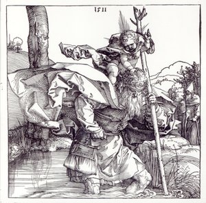 Św.Christopher niosący Dzieciątko Chrystus, 1511 (drzewryt) (fot. bw) autorstwa Albrecht Dürer